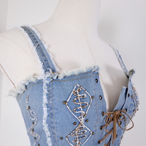 Vintage denim lace-up cropped camisole tank top denim embroidered embroidery - Picture 3 of 13